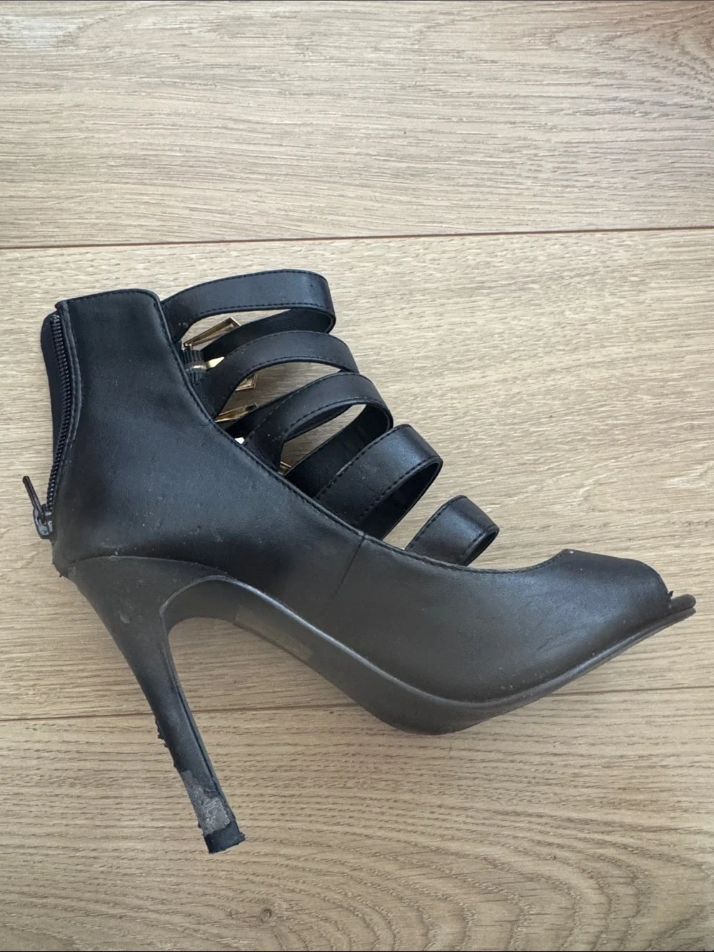 Forever 21 Black Strappy Peep-Toe Heels with Gold Buckle Accents